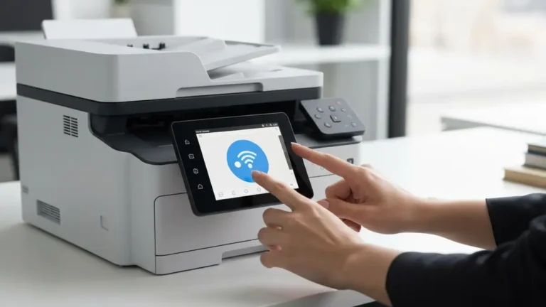 Drukarka HP z ikoną WiFi offline na ekranie - konfiguracja połączenia sieciowego