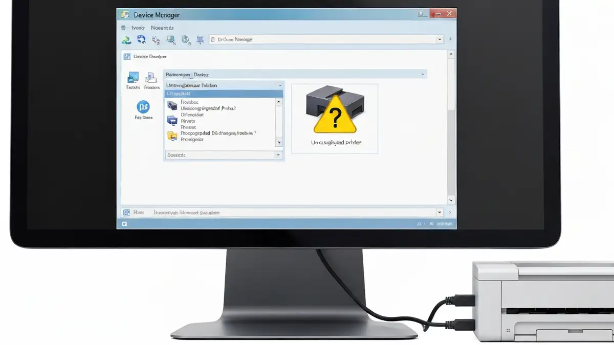 Komputer z podłączoną drukarką przez USB, drukarka z błędem w Menedżerze urządzeń
