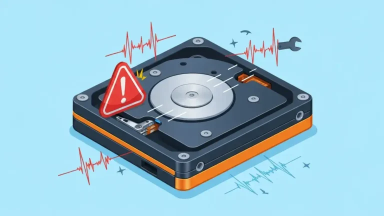Dysk zewnętrzny HDD z ikonami dźwięków - klik, brzęk, terkotanie