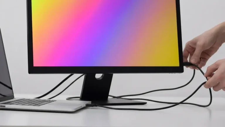 Laptop z monitorem pokazującym zaburzenia barwne: przesunięcie kolorów, niedobór czerwieni i zieloności, artefakty graficzne