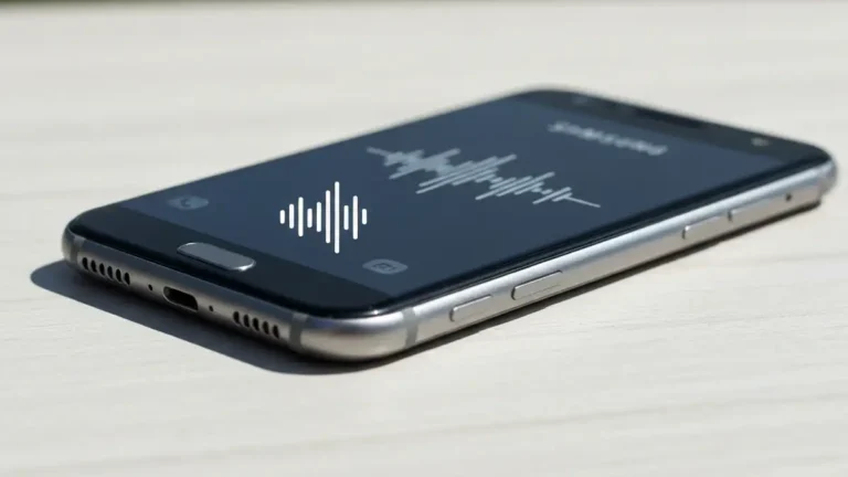Samsung Galaxy leżący na stole z oznaczeniami portów audio i głośnika, ikona dźwięku z wyróżnionym przyciskiem wyciszenia