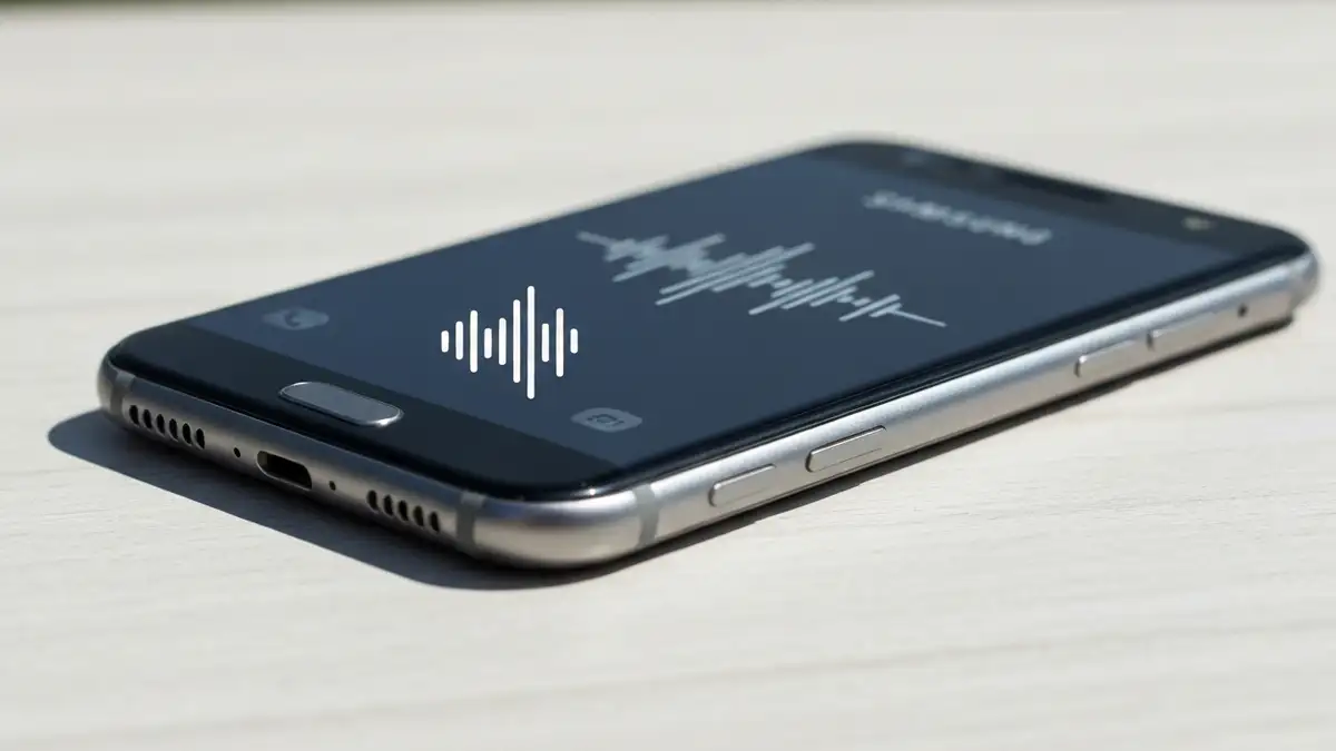 Samsung Galaxy leżący na stole z oznaczeniami portów audio i głośnika, ikona dźwięku z wyróżnionym przyciskiem wyciszenia