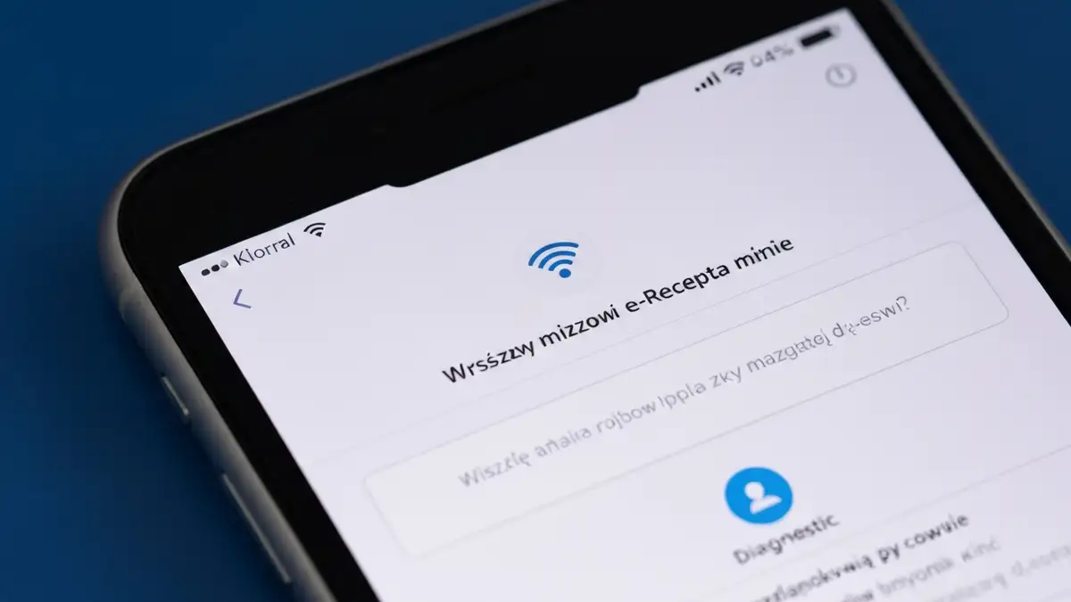 Ekran aplikacji IKP z komunikatem błędu braku wyświetlania e-Recepty oraz ikona WiFi i możliwości diagnostyki