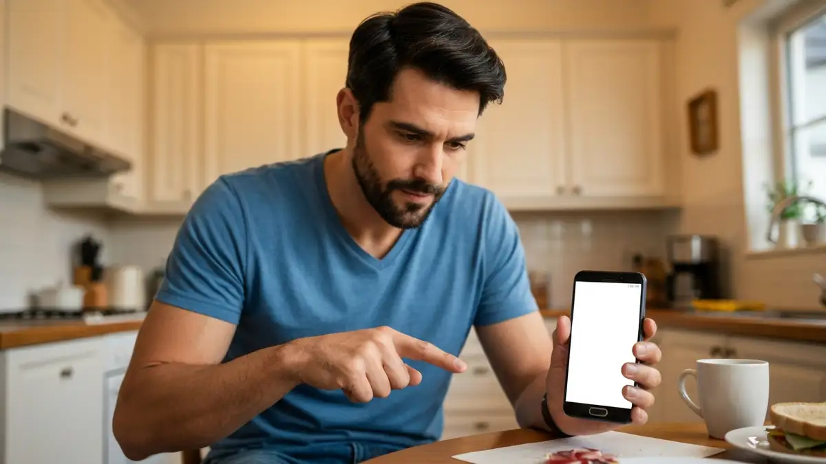 Mężczyzna diagnostykuje problem z ekranem dotykowym Samsung Galaxy, dotykając ekranu palcem, wyświetlacz nie reaguje, wnętrze domowe