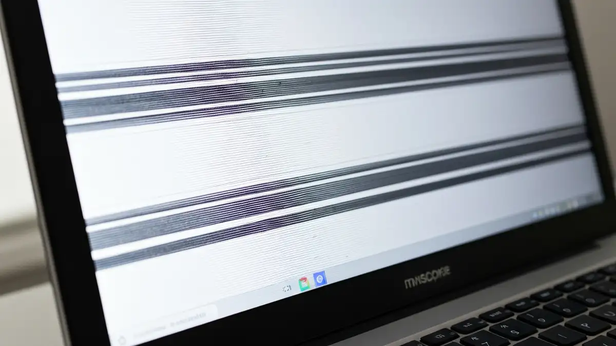 Laptop z migotającym ekranem pokazujący niestabilny obraz z czarnymi błyskami