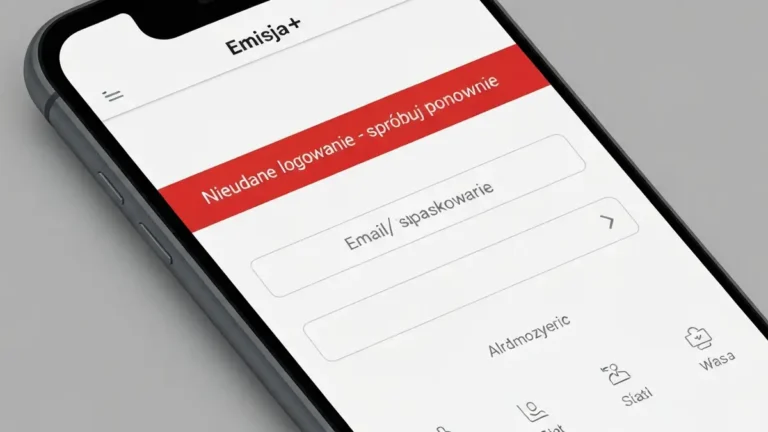 Ekran błędu aplikacji Emisja+ z komunikatem o niepowodzeniu logowania