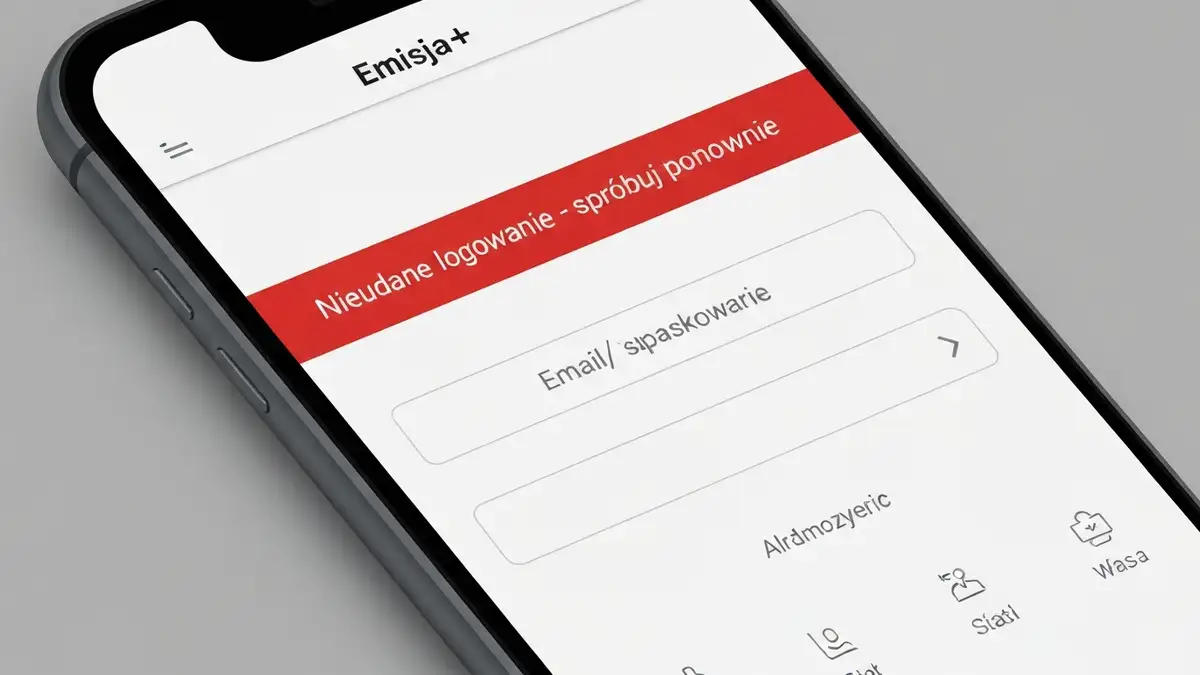 Ekran błędu aplikacji Emisja+ z komunikatem o niepowodzeniu logowania