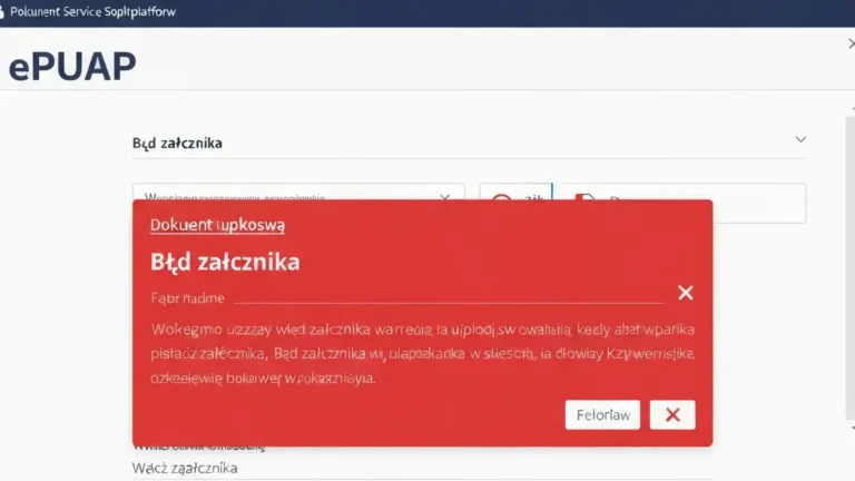 Ekran ePUAPu pokazujący błąd wgrywania dokumentu - czerwona wiadomość o błędzie załącznika