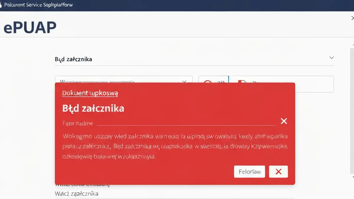 Ekran ePUAPu pokazujący błąd wgrywania dokumentu - czerwona wiadomość o błędzie załącznika