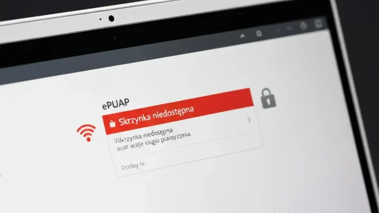 Zrzut ekranu błędu ePUAP skrzynka niedostępna – czerwone okno błędu na ekranie laptopa z ikoną Wi-Fi i ikoną blokady