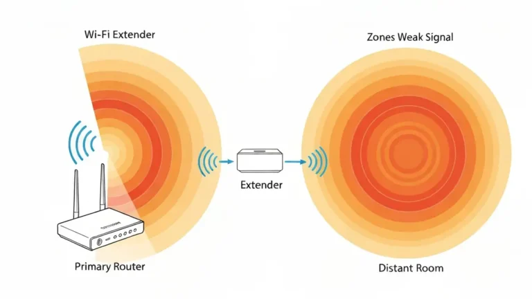 Extender WiFi podłączony między routerem a lanem domu, pokazujący zasięg sygnału