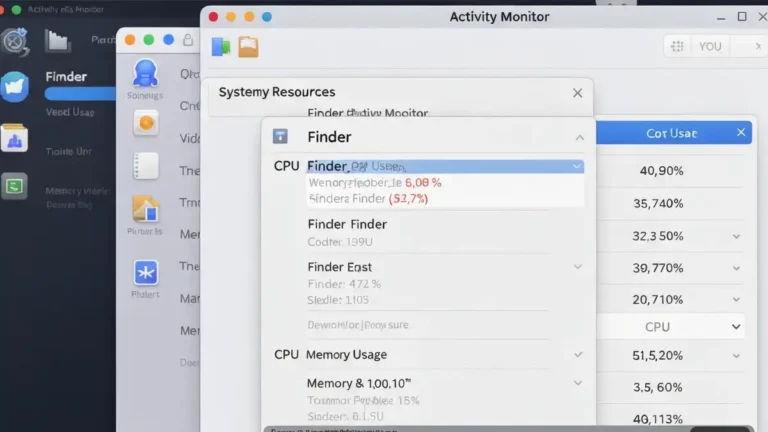 Okno Activity Monitor na macOS z wyświetlonym procesem Finder i informacją o zużyciu zasobów systemowych