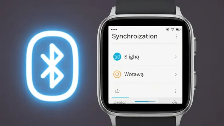 Smartwatch Fitbit wyświetlający ekran synchronizacji z ikoną Bluetooth na tle