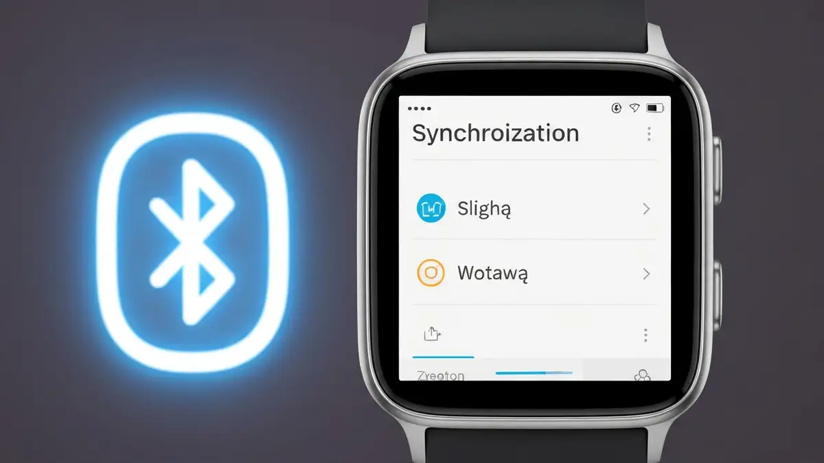 Smartwatch Fitbit wyświetlający ekran synchronizacji z ikoną Bluetooth na tle