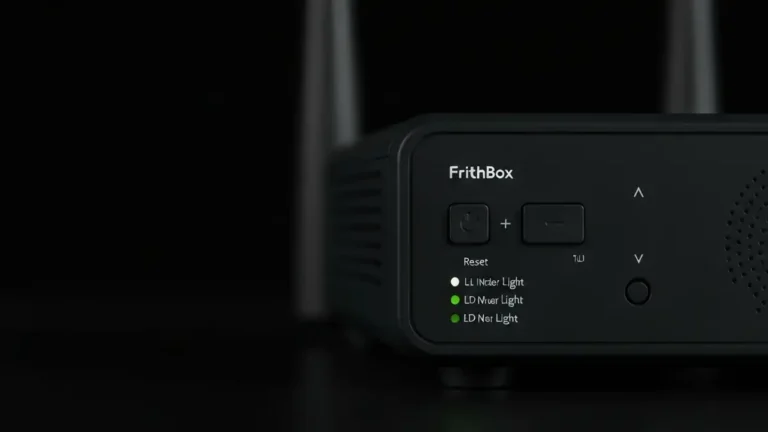 FritzBox router ze wskazanym przyciskiem resetowania i diodami LED podczas problemu z aktualizacją firmware