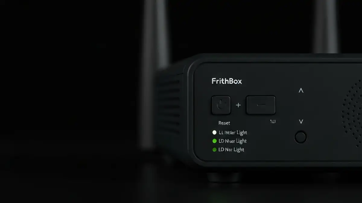 FritzBox router ze wskazanym przyciskiem resetowania i diodami LED podczas problemu z aktualizacją firmware