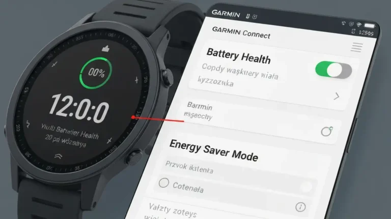 Smartwatch Garmin z ikoną baterii i ustawieniami oszczędzania energii