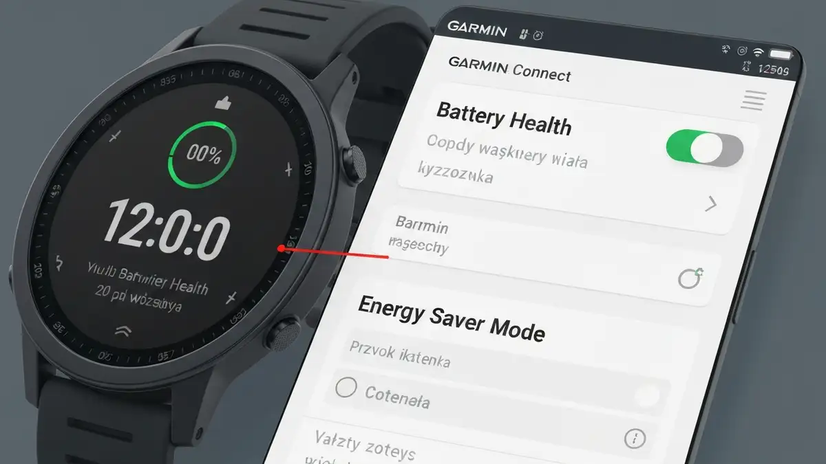 Smartwatch Garmin z ikoną baterii i ustawieniami oszczędzania energii