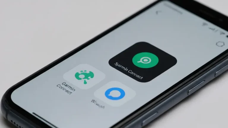 Ekran smartwatcha Garmin z ikoną błędu synchronizacji i ikona aplikacji Garmin Connect na ekranie telefonu