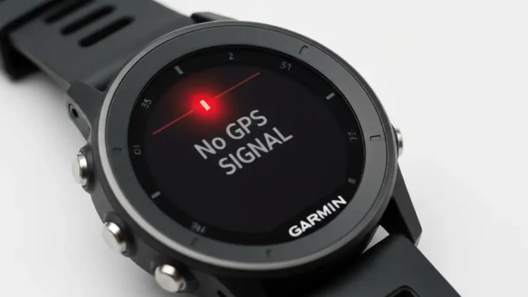 Garmin smartwatch ze wskaźnikiem braku sygnału GPS na ekranie