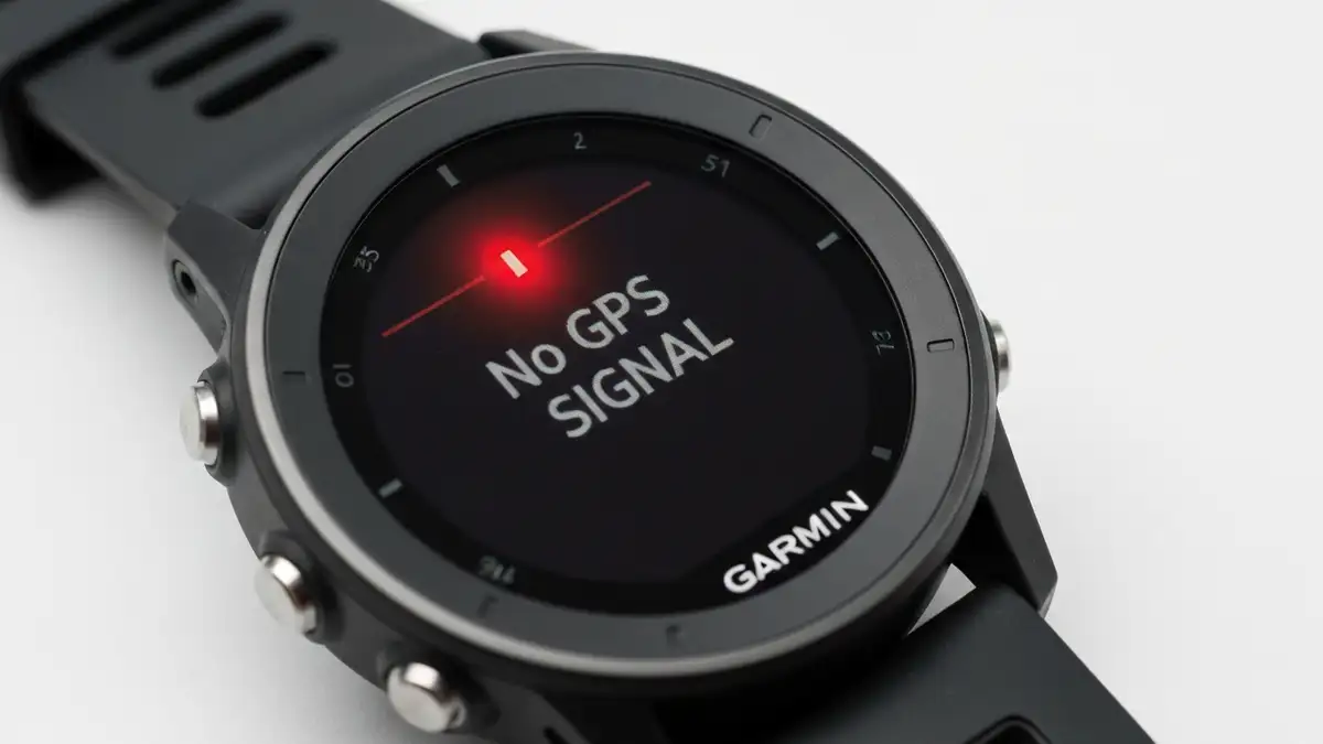 Garmin smartwatch ze wskaźnikiem braku sygnału GPS na ekranie