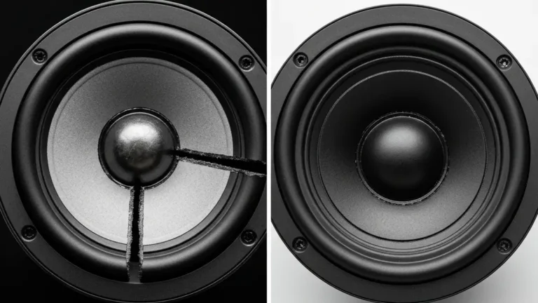 Głośnik Bluetooth z zaznaczonym problemem nierównego dźwięku – membrana uszkodzona po lewej stronie