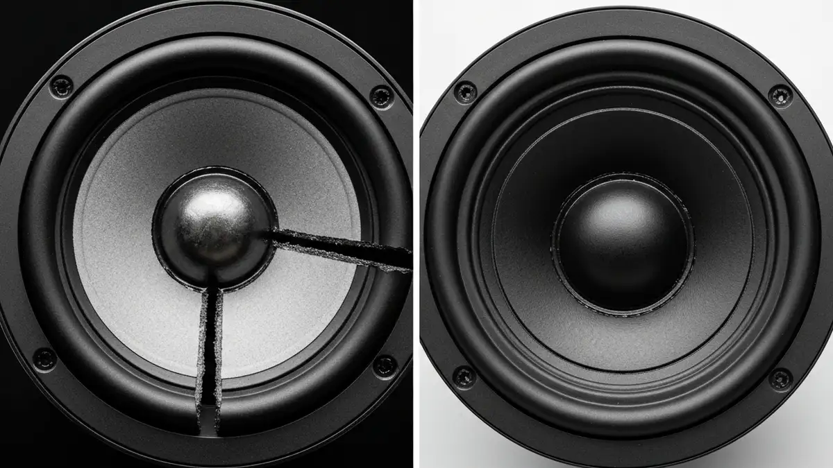 Głośnik Bluetooth z zaznaczonym problemem nierównego dźwięku – membrana uszkodzona po lewej stronie