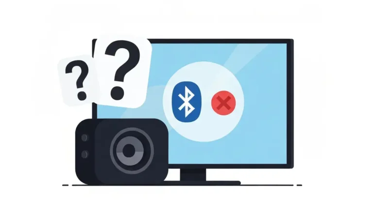 Głośnik Bluetooth podłączony do telewizora Smart TV z ikonami Bluetooth i znakami zapytania