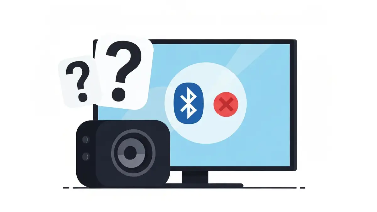 Głośnik Bluetooth podłączony do telewizora Smart TV z ikonami Bluetooth i znakami zapytania