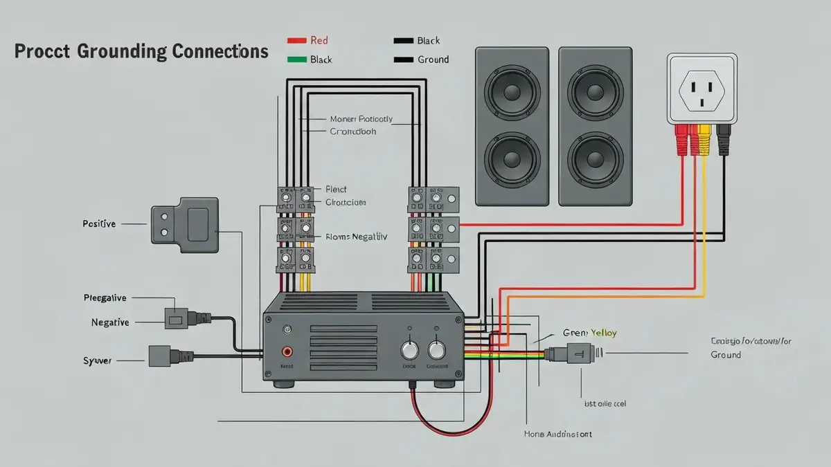 Schematyczny diagram uziemienia w systemie audio domowym, pokazujący prawidłowe połączenia przewodów masy między głośnikami, amplitunorem i gniazdem zasilającym