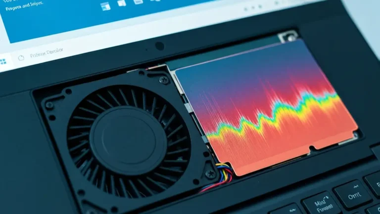 Laptop z podświetlonym wentylatorem i termometrem wskazującym wysoką temperaturę