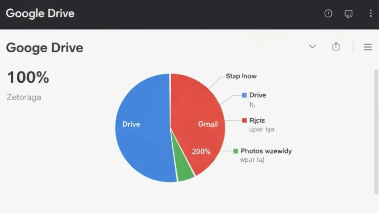 Pasek postępu miejsca w Google Drive pokazujący zapełnioną przestrzeń 15 GB z podziałem na Drive, Gmail i Photos
