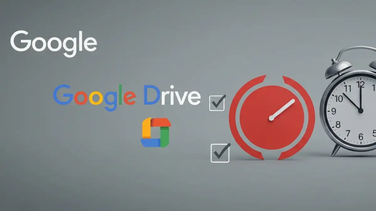 Ikona Google Drive z symbolem błędu synchronizacji i krokami naprawy