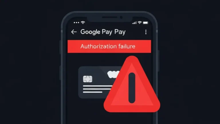 Ekran telefonu ze zmiętą animacją błędu Google Pay - odmowa płatności, karta zablokowana, symbol ostrzeżenia