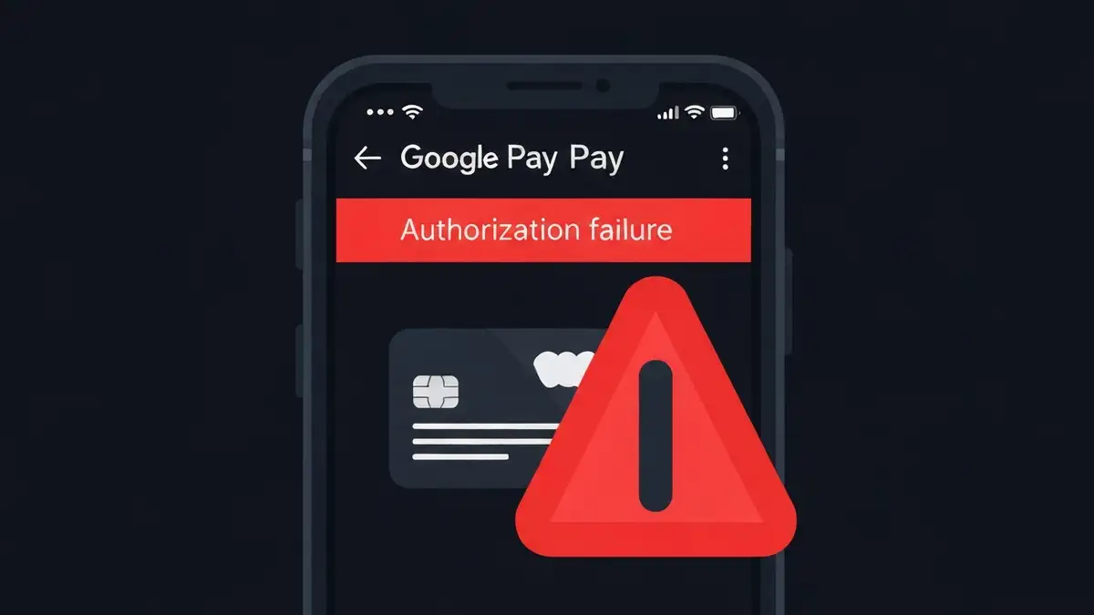 Ekran telefonu ze zmiętą animacją błędu Google Pay - odmowa płatności, karta zablokowana, symbol ostrzeżenia