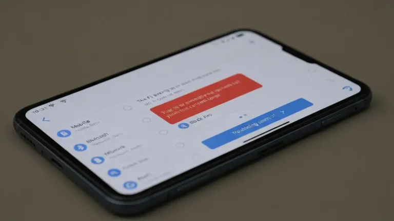 Google Pixel z ikoną Wi-Fi i komunikatem błędu, menu Android Settings widoczne na ekranie