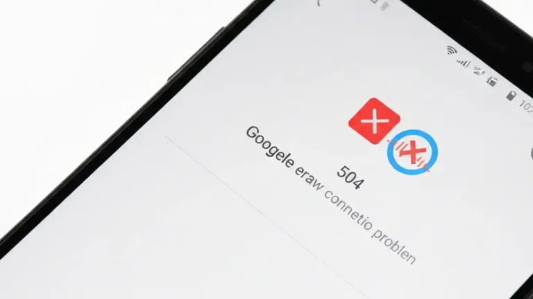 Ekran telefonu Android z błędem 504 Google Play Store i ikoną błędu połączenia