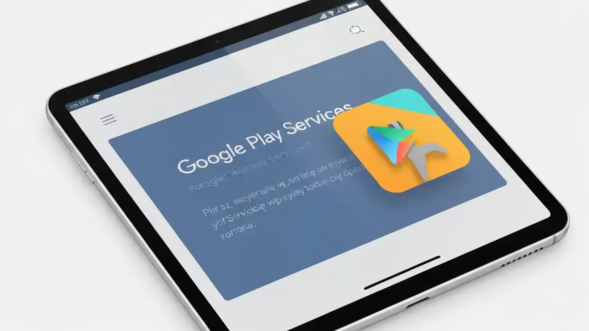 Tablet Android z błędem Google Play Services i ikoną naprawy