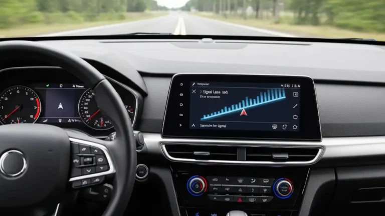 Samochód z włączoną nawigacją GPS, ekran pokazuje błąd braku sygnału