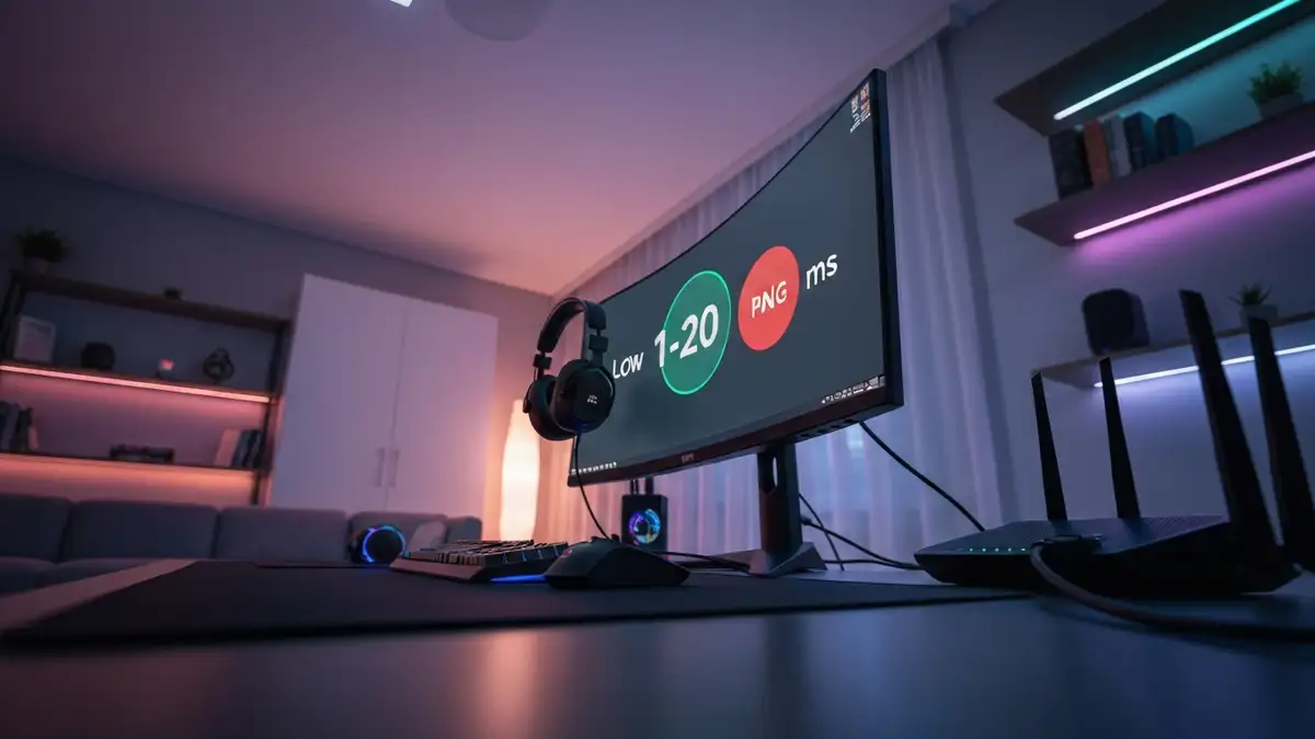 Gaming setup z niskim pingiem – monitor, słuchawki, kabel Ethernet podłączony do routera