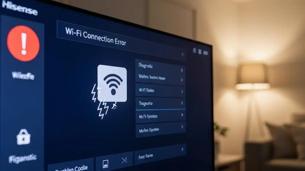 Hisense TV z wyświetlonym komunikatem błędu połączenia WiFi i ikonami sieci bezprzewodowej