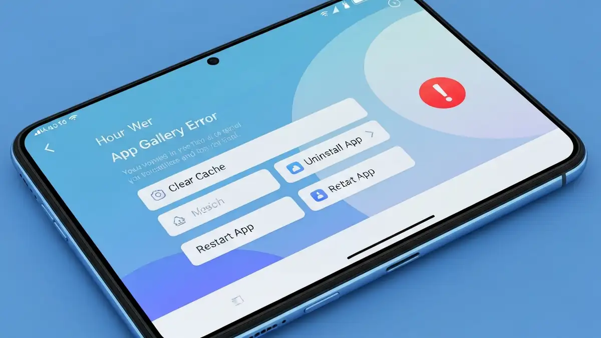 Telefon Huawei z wyświetlonym komunikatem błędu AppGallery i ikoną ostrzeżenia