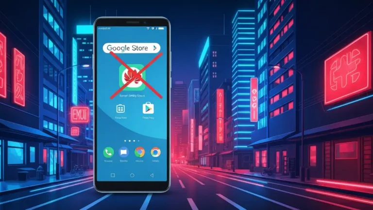 Telefon Huawei z ikoną Google Play i ekranem EMUI pokazujący niedostępny Sklep Google