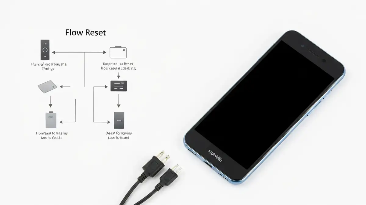 Huawei smartfon z czarnym ekranem obok przewodu ładującego i instrukcji resetowania