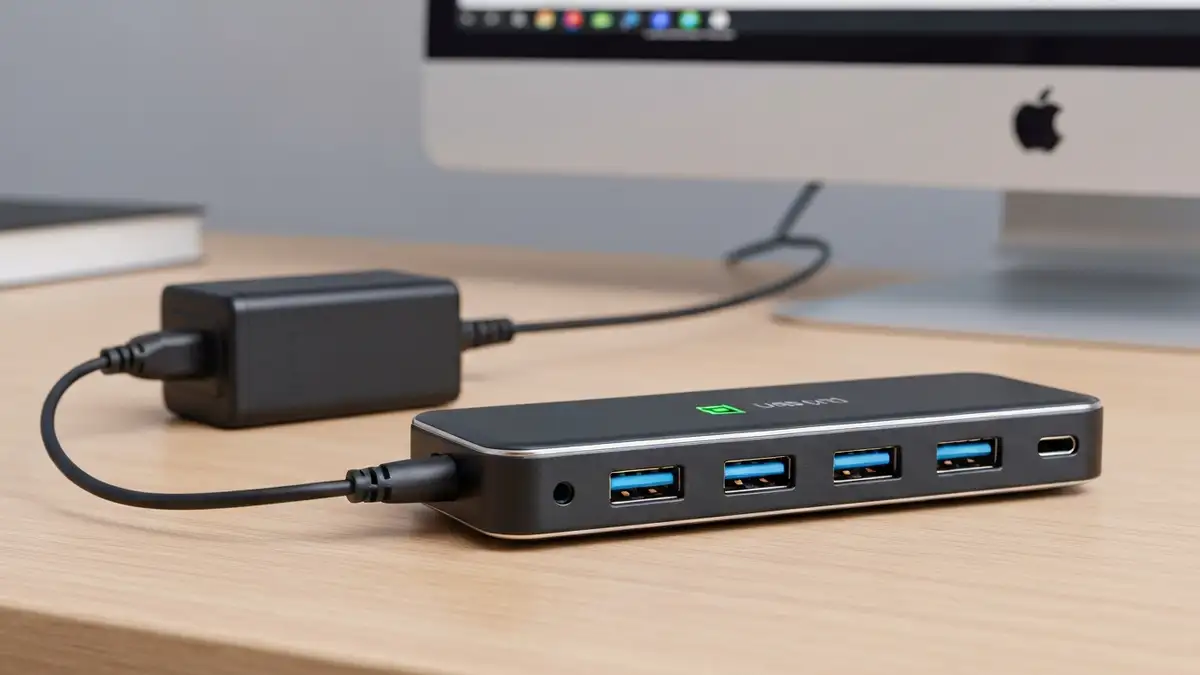 Hub USB z podłączonymi urządzeniami, zasilaczem i kablem – ilustracja problemów ładowania