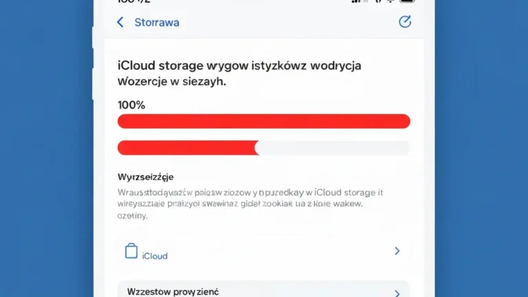 Ekran iCloud z komunikatem o braku miejsca i wskaźnikiem pełnej przechowalni
