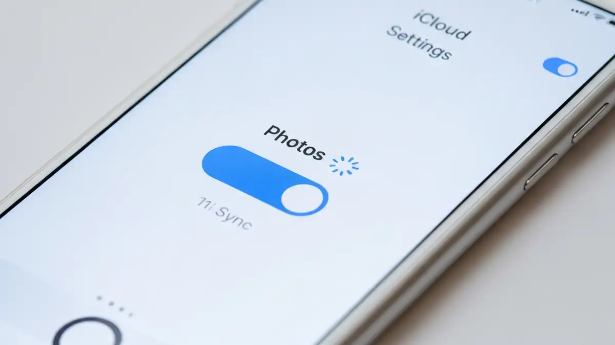 iPhone z ekranem ustawień iCloud i symbolem synchronizacji zdjęć