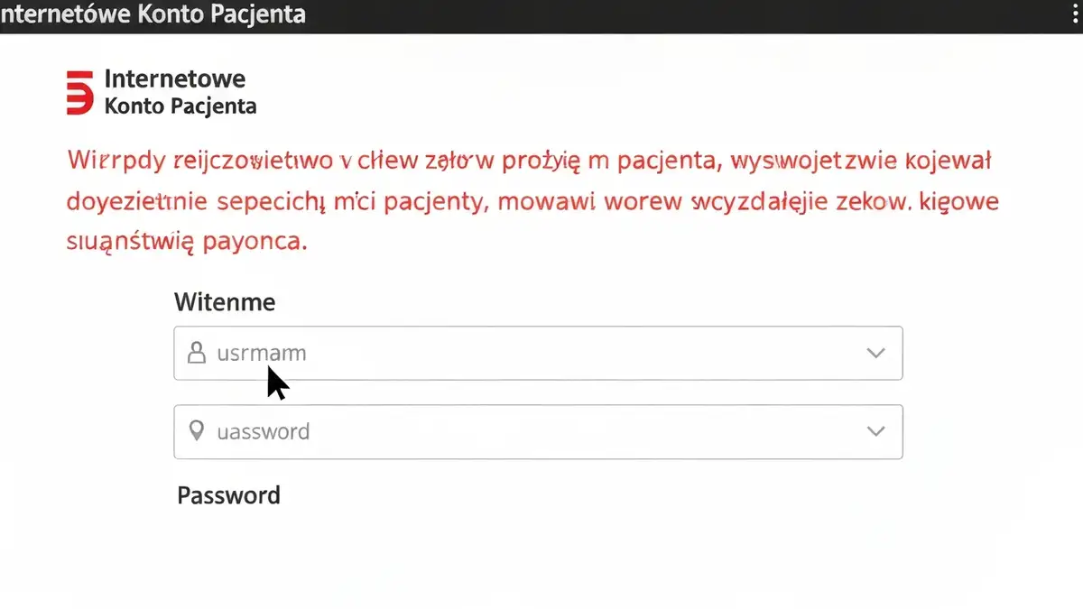 Ekran logowania do Internetowego Konta Pacjenta z polem hasła i komunikatem błędu