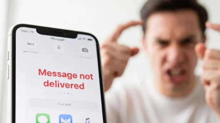 Ekran iPhone z ikoną wiadomości i komunikatem błędu iMessage nie wysyła