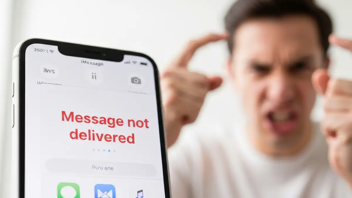 Ekran iPhone z ikoną wiadomości i komunikatem błędu iMessage nie wysyła